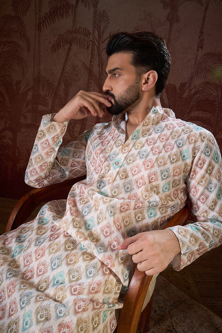 White Silk Blend Ethnic Motifs Printed Straight Kurta With Trouser | SHOBITAM