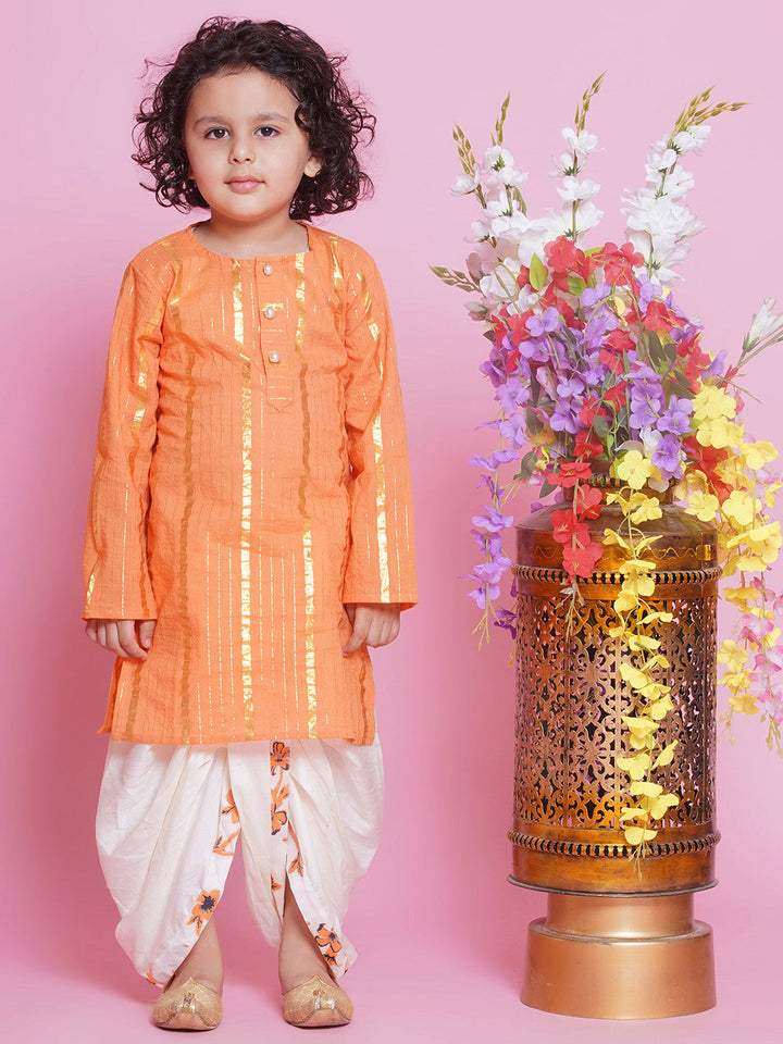 Cotton Sleevelees Floral Bird Thread Embrodiery Nehru Jacket with Striped Kurta and Dhoti - Orange and Cream | SHOBITAM