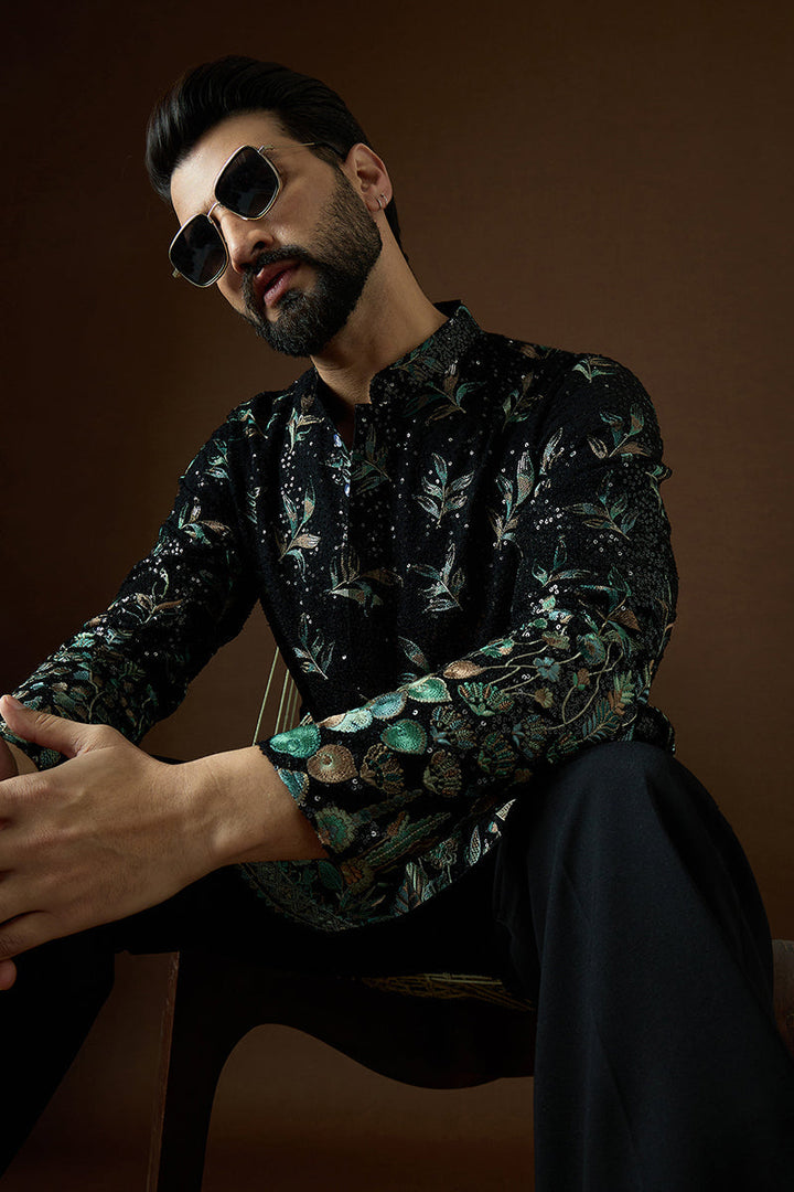 Black Silk Blend Solid Embroidered Straight Kurta | SHOBITAM