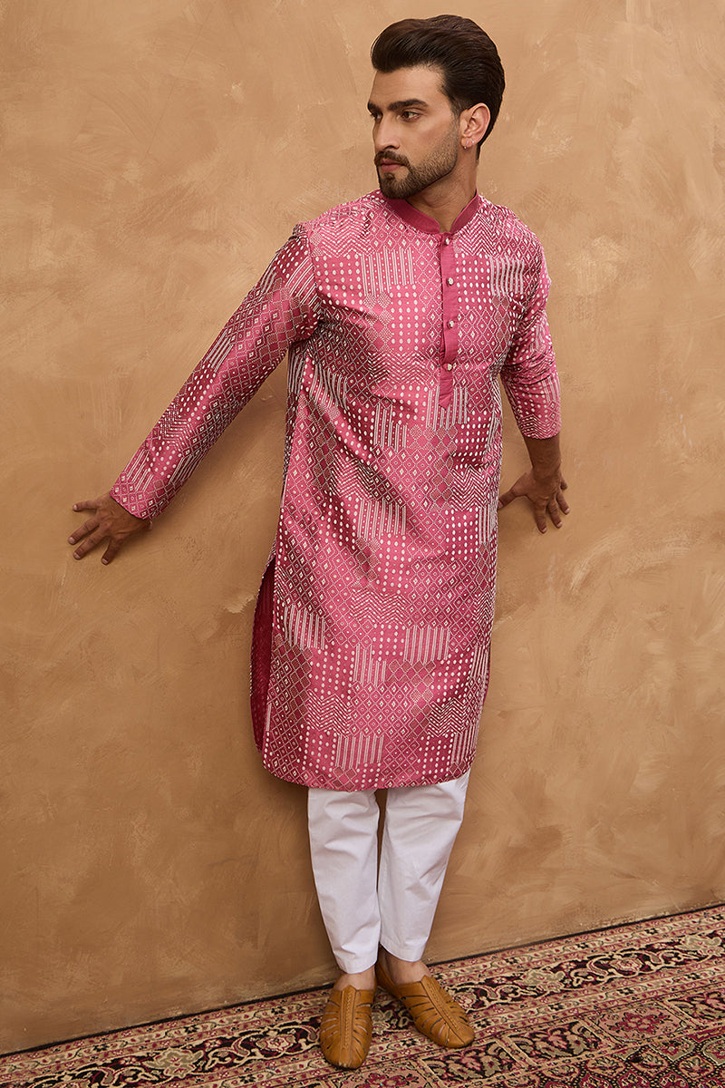 Pink Silk Blend Geometric Printed Straight Kurta  | SHOBITAM