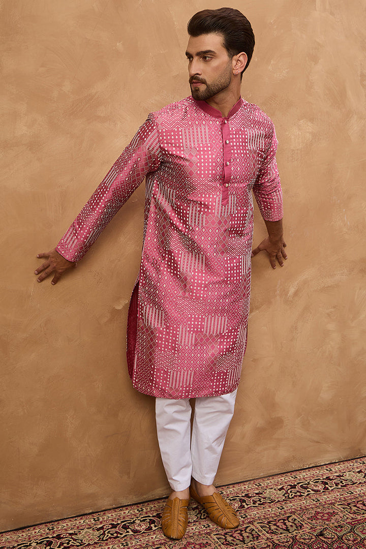Pink Silk Blend Geometric Printed Straight Kurta  | SHOBITAM