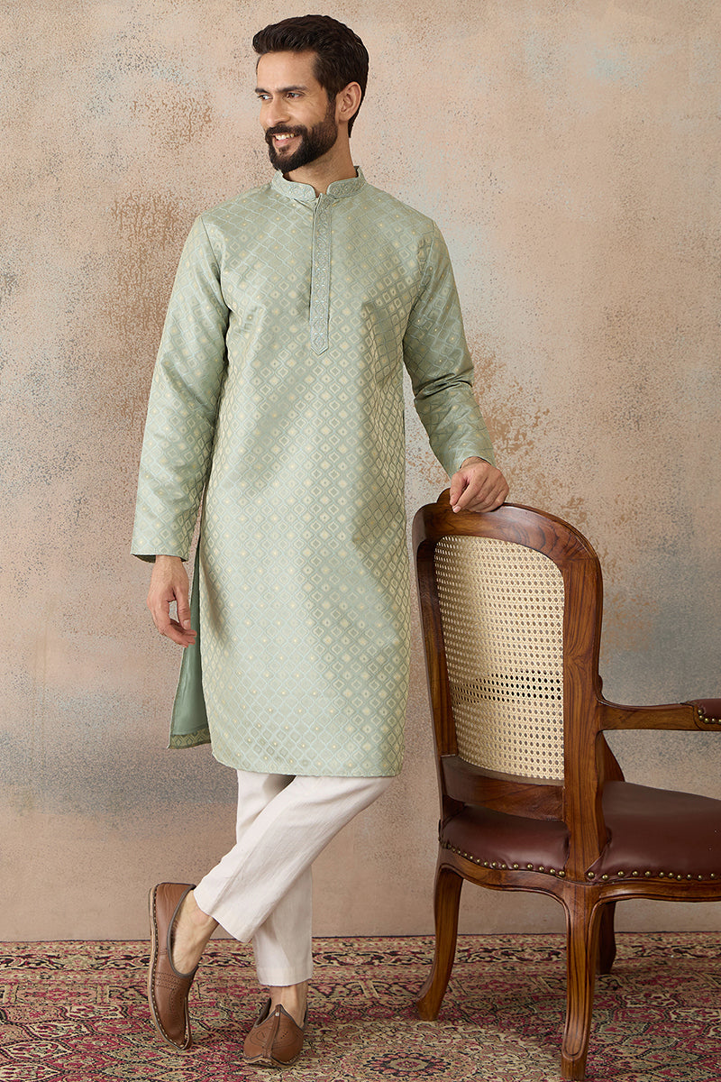Mens Teal Jacquard Ethnic Motifs Embroidered Kurta | SHOBITAM