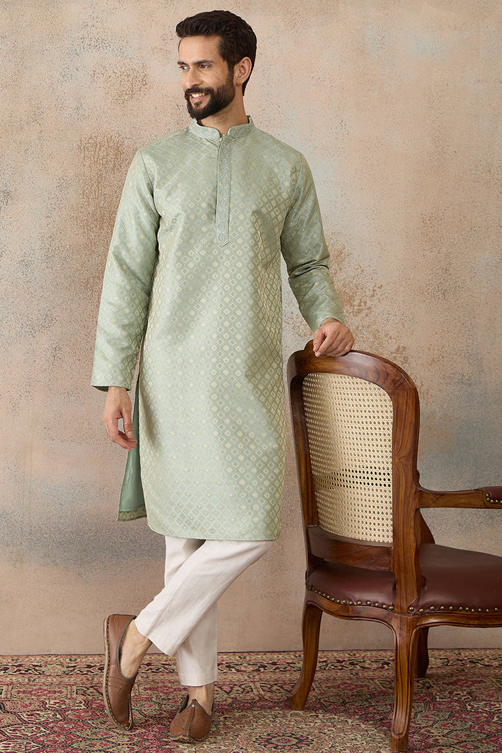 Mens Teal Jacquard Ethnic Motifs Embroidered Kurta | SHOBITAM