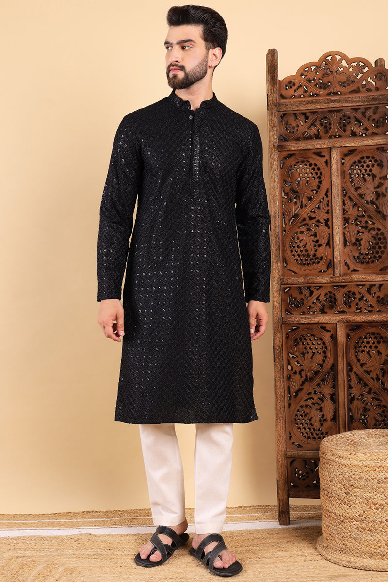 Black Viscose Rayon Solid Embroidered Straight Kurta For Men | SHOBITAM