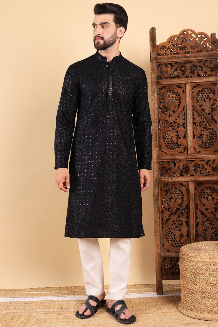 Black Viscose Rayon Solid Embroidered Straight Kurta For Men | SHOBITAM