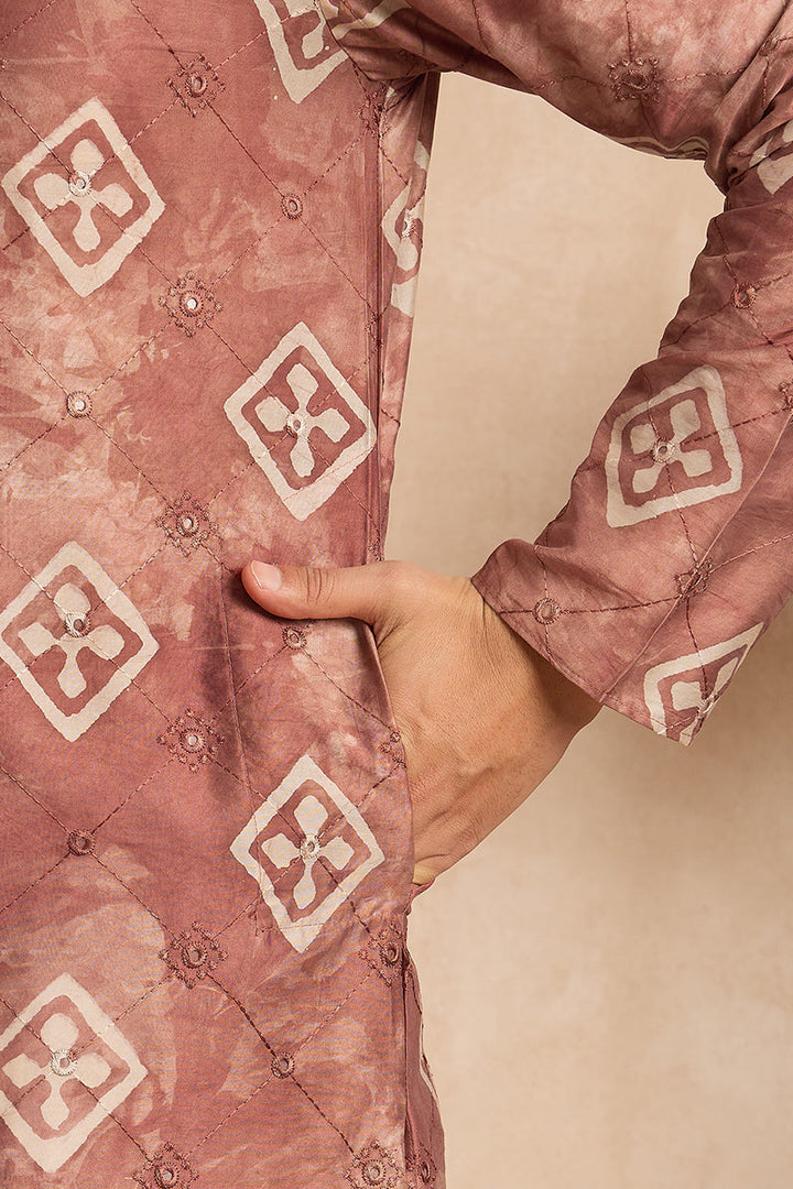 Brown Cotton Solid Embroidered Straight Kurta | SHOBITAM