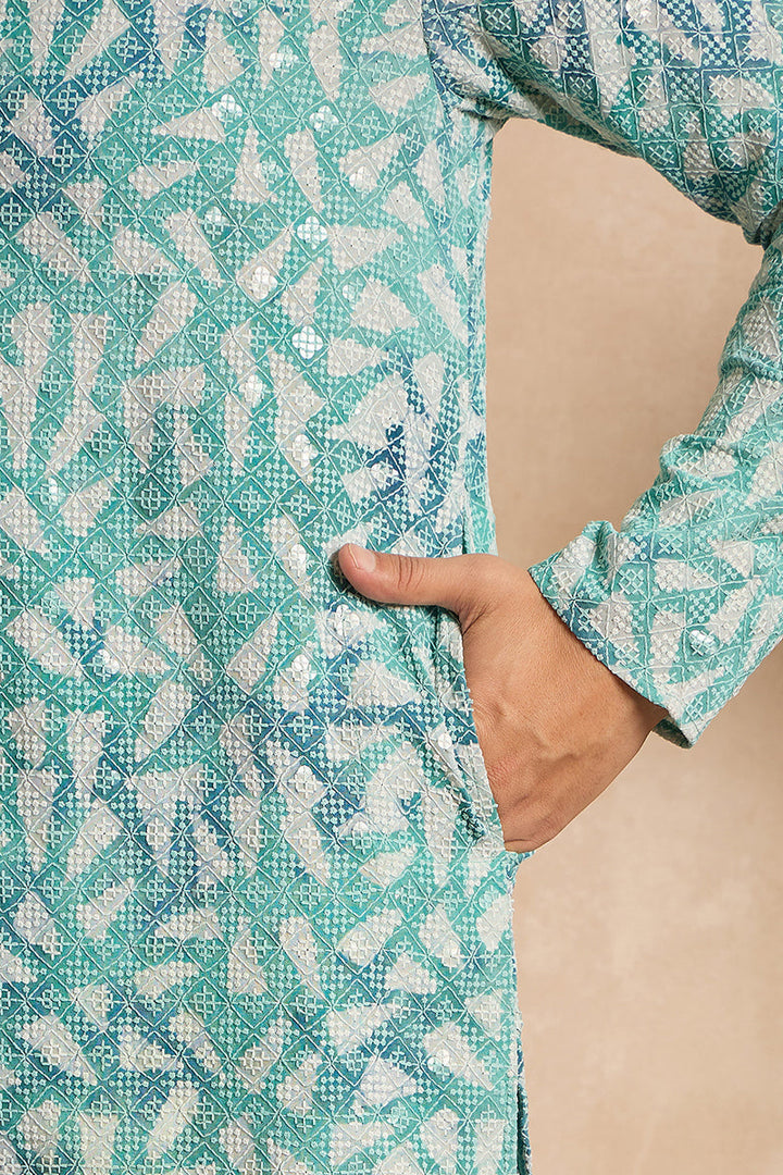 Teal Viscose Rayon Solid Printed Straight Kurta With Trouser| SHOBITAM