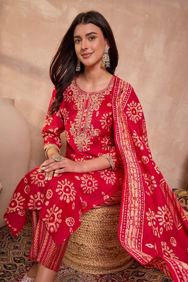 Pink Rayon Blend Floral Printed Straight Kurta Trouser With Dupatta | SHOBITAM