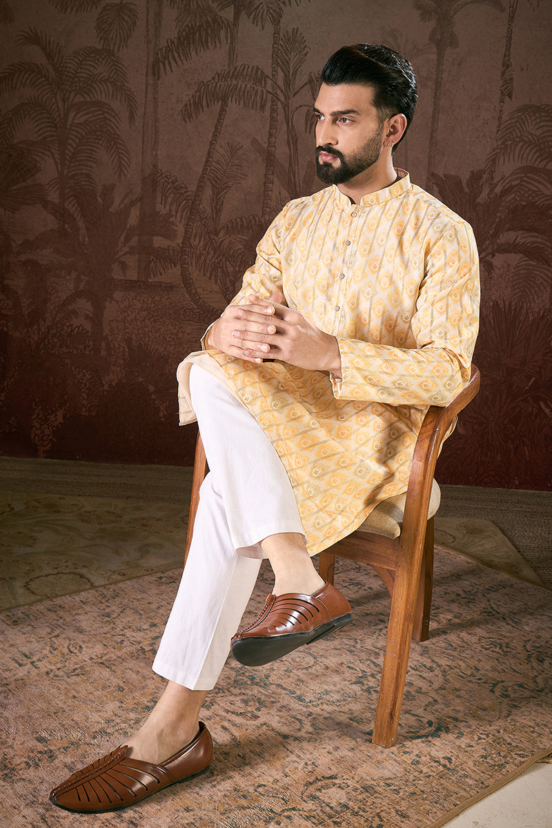 White Silk Blend Ethnic Motifs Printed Straight Kurta For Men | SHOBITAM