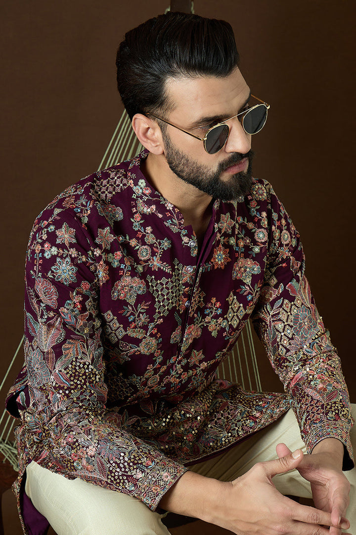 Wine Georgette Solid Embroidered Straight Kurta | SHOBITAM