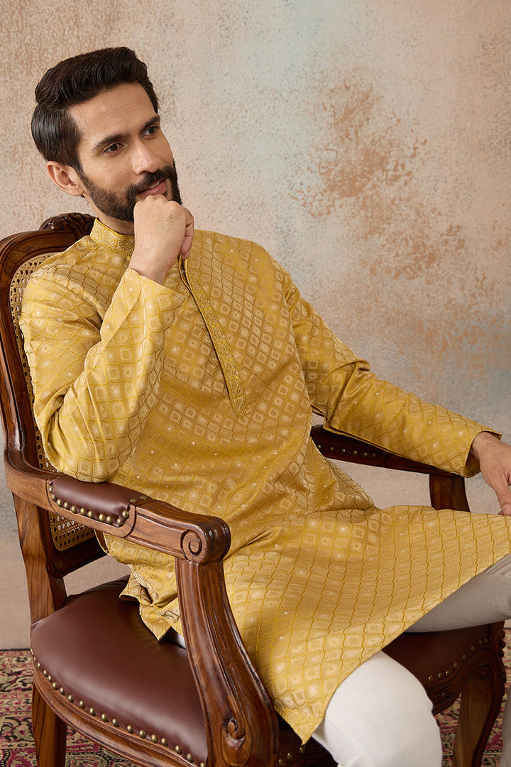 Mens Yellow Jacquard Ethnic Motifs Embroidered Kurta  | SHOBITAM