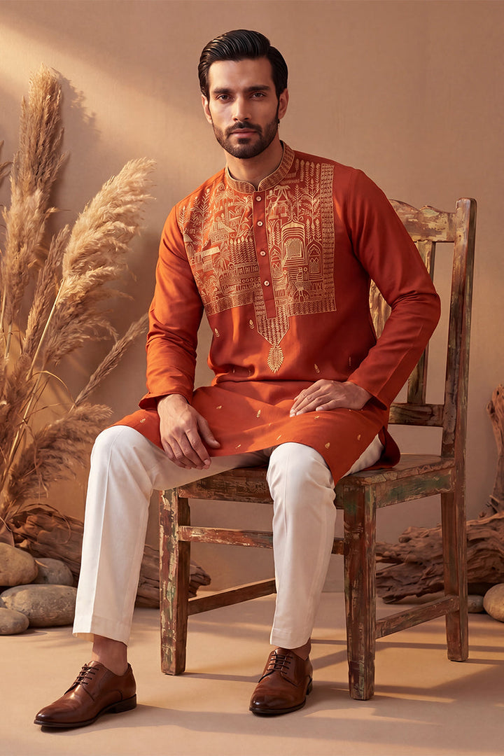 Mens Orange Silk Blend Solid Emboidered Straight Kurta With Trouser | SHOBITAM