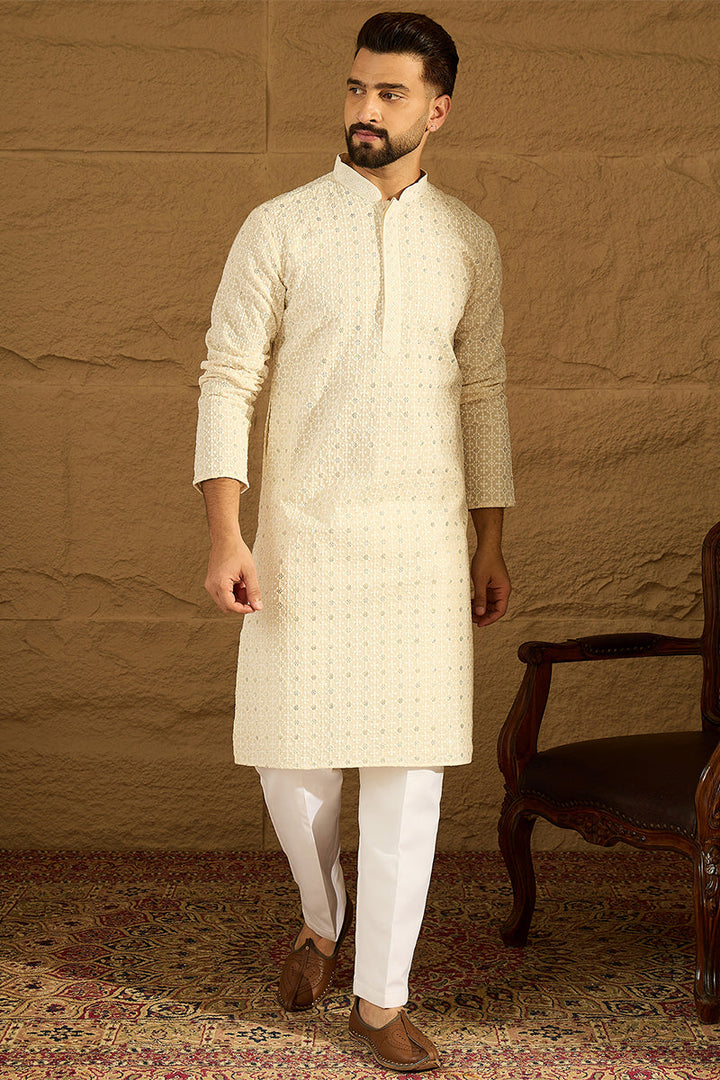 Off White Cotton Solid Printed Straight Kurta with Trouser | SHOBITAM