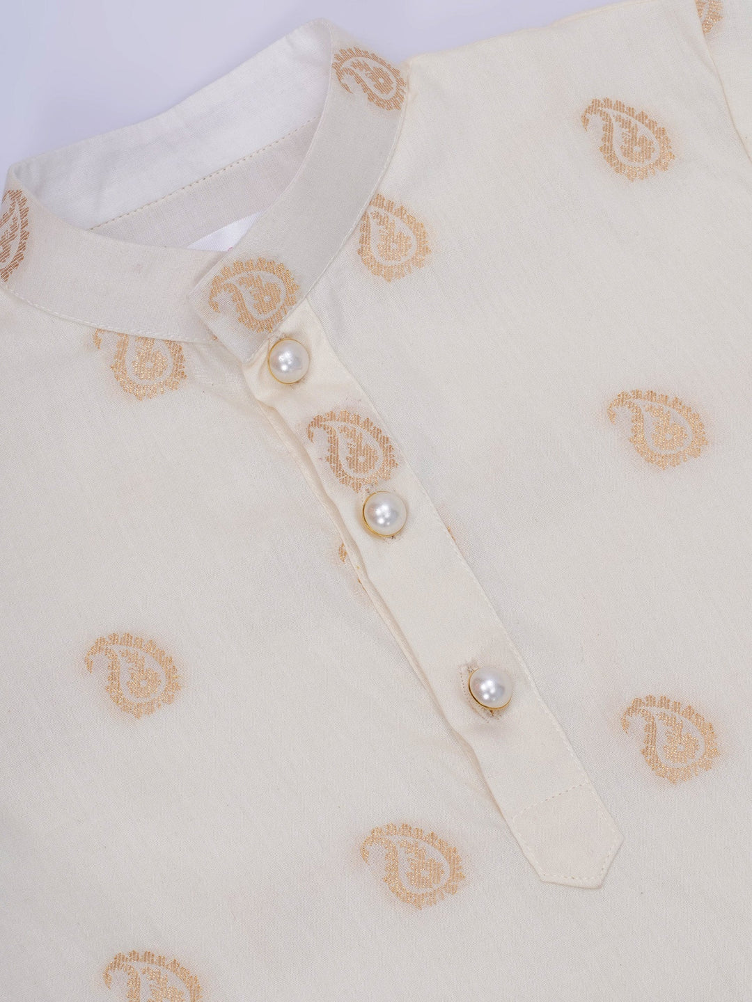 Boys Cotton Full Sleeves Kurta and Dhoti with Golden Paisley Zari Work- Cream | SHOBITAM