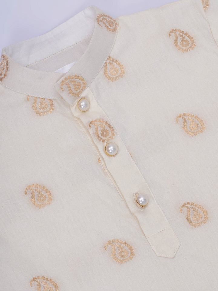 Boys Cotton Full Sleeves Kurta and Dhoti with Golden Paisley Zari Work- Cream | SHOBITAM