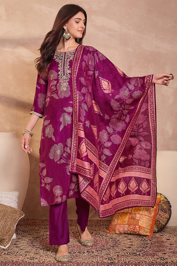 Purple Silk Blend Floral Printed Straight Kurta Trouser With Dupatta | SHOBITAM