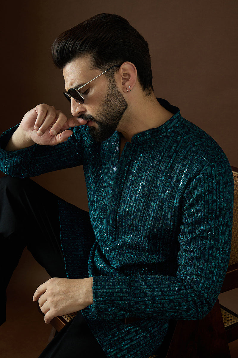 Teal Georgette Solid Embroidered Straight Kurta | SHOBITAM
