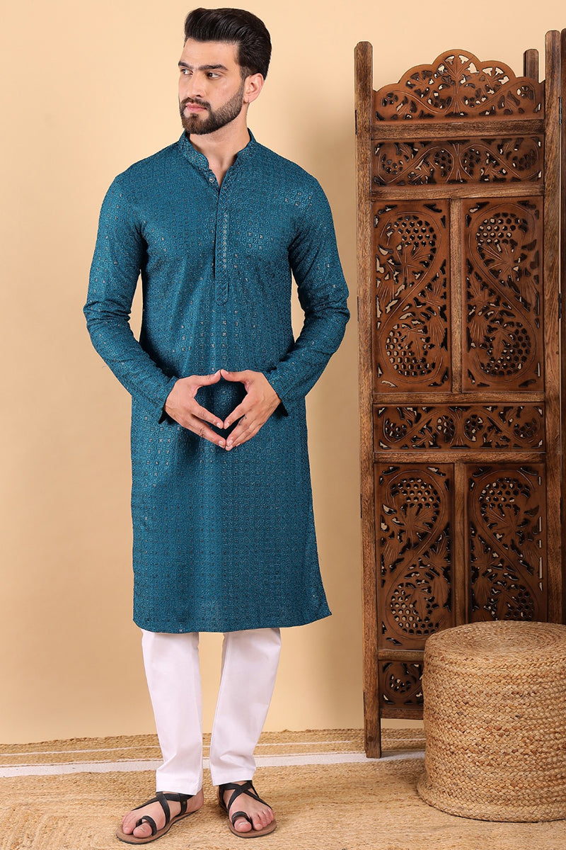 Teal Viscose Rayon Solid Embroidered Straight Kurta For Men| SHOBITAM