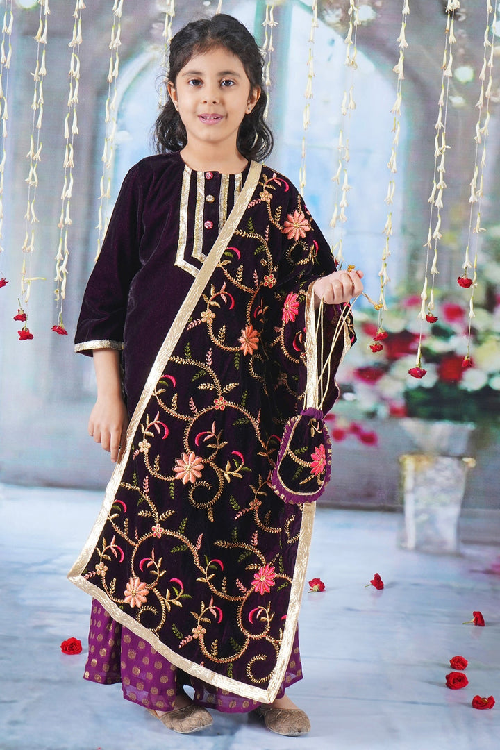 Girls Velvet Kurta with Banarsi Sharara and Embroided Dupatta with Potli | SHOBITAM