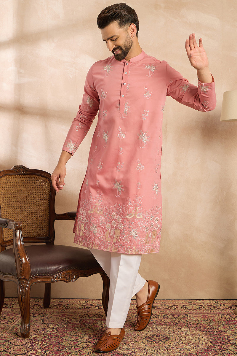 Pink Cotton Solid Embroidered Straight Kurta | SHOBITAM