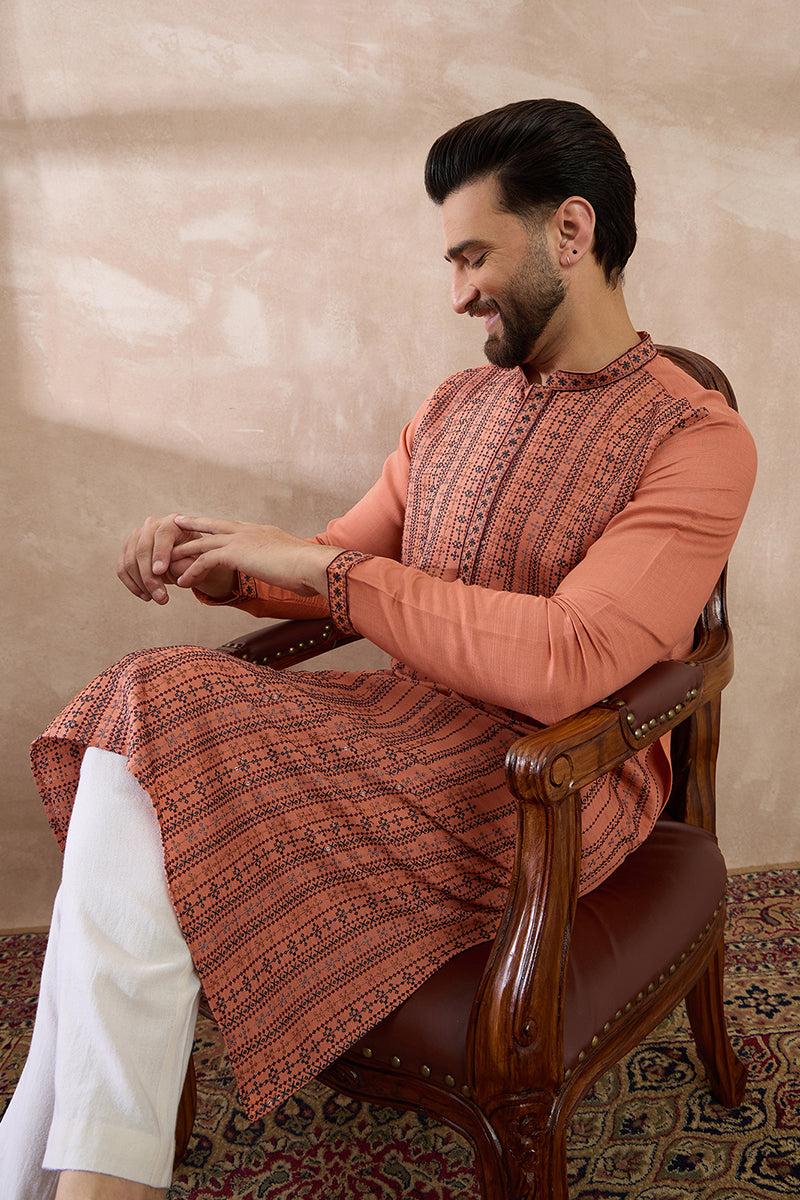 Orange Silk Blend Embroidered Mandarin Collar Straight Kurta With Trouser | SHOBITAM