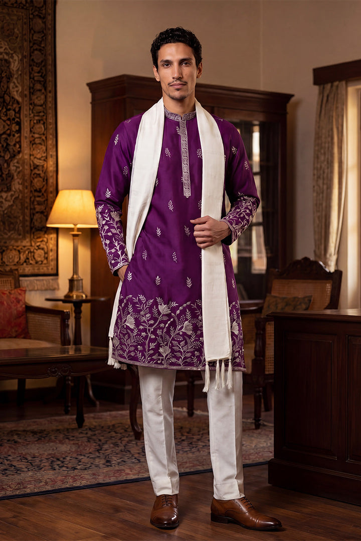 Men Purple Silk Blend Solid Embroidered Straight Kurta Trouser with Dupatta  | SHOBITAM