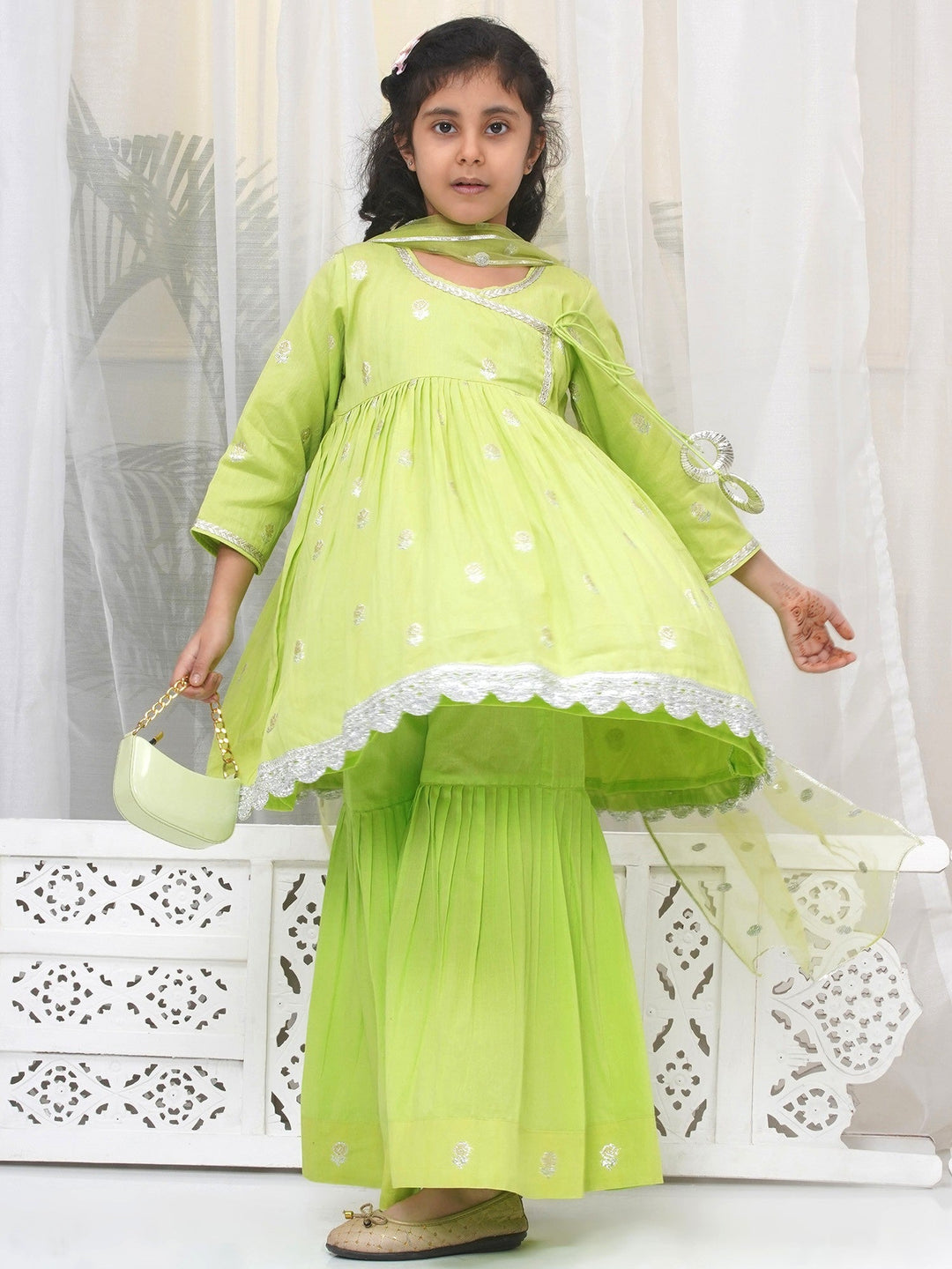 Girls Cotton Three Fourth Sleeves Angrakha Kurta with Sharara and Net Dupatta with Rose & Petal Design Zari Work -Green | SHOBITAM