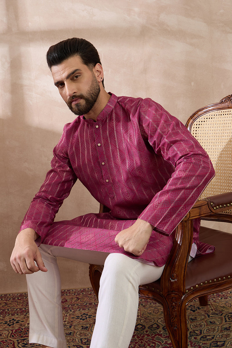 Pink Silk Blend Printed Mandarin Collar Straight Kurta | SHOBITAM