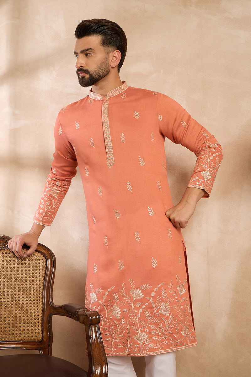 Peach Vartican Solid Embroidered Straight Kurta With Trouser | SHOBITAM