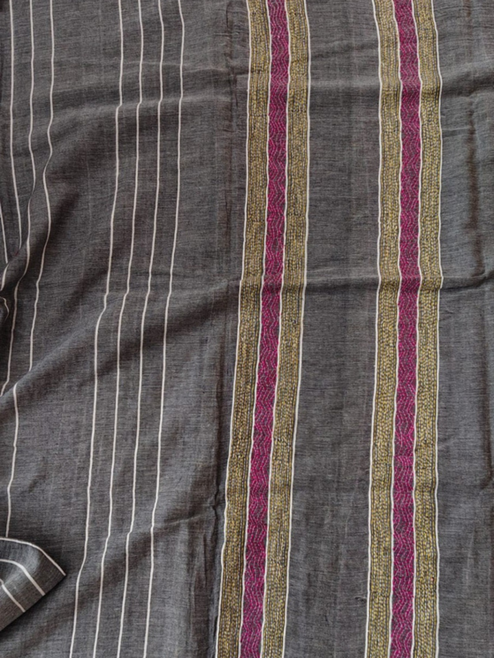 Grey Pink Striped Cotton Handloom Kantha Stitch Saree | SHOBITAM