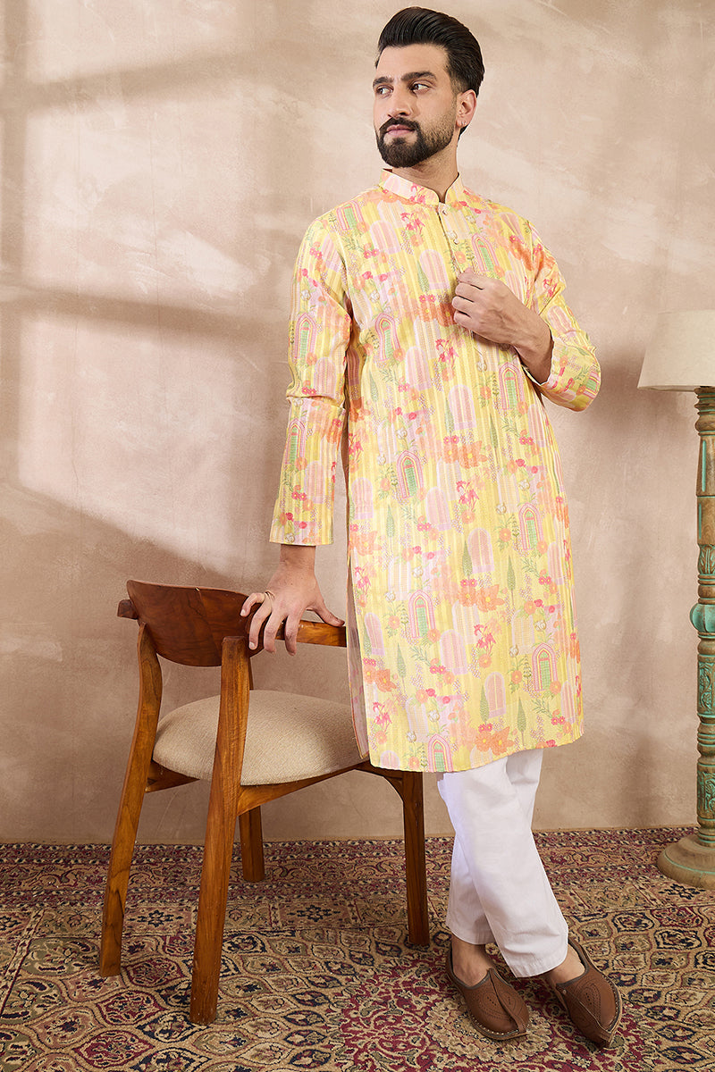 Yellow Silk Blend Abstract Printed Straight Kurta For Men | SHOBITAM