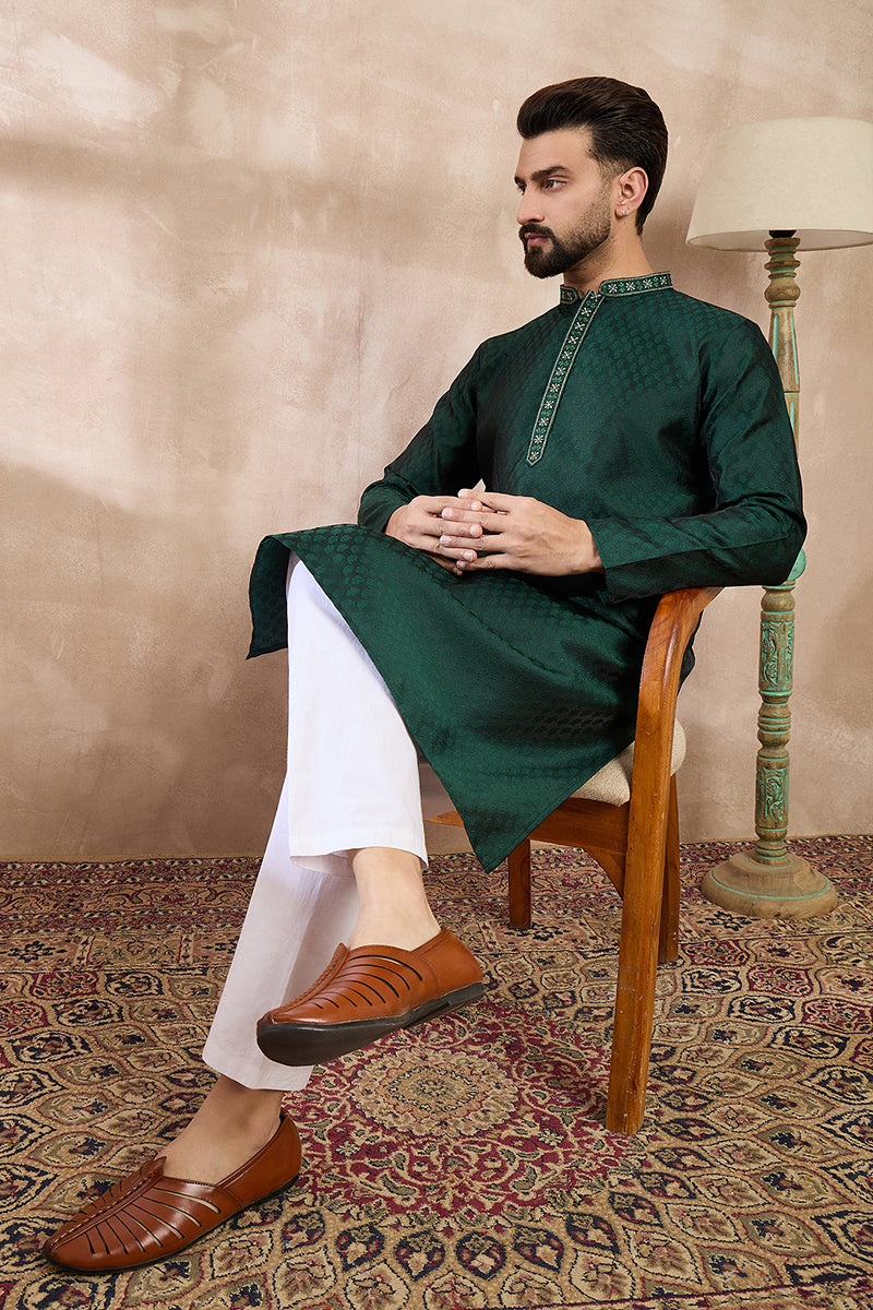 Green Silk Blend Solid Woven Design Straight Kurta For Men | SHOBITAM