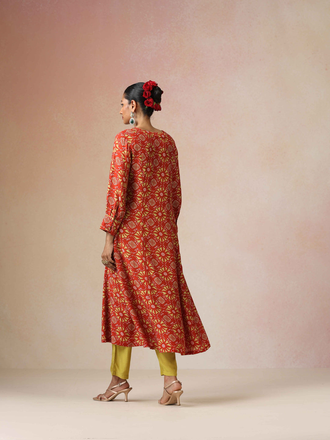 Red Light Green Print Vicose A-line Glass Neck Kurta Set | SHOBITAM