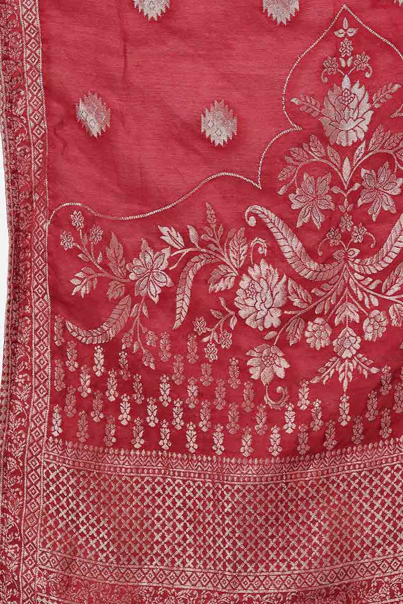 Peach Poly Silk A-Line Kurta Pant With Dupatta  | SHOBITAM