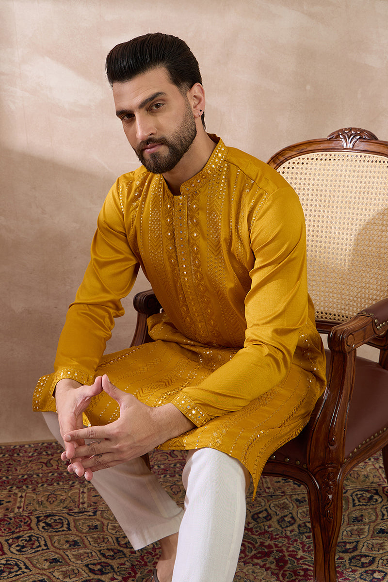 Mustard Silk Blend Embroidered Mandarin Collar Straight Kurta With Trouser | SHOBITAM
