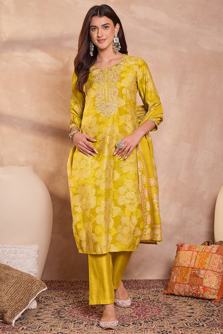 Yellow Poly Silk Floral Printed Straight Kurta Trouser With Dupatta | SHOBITAM