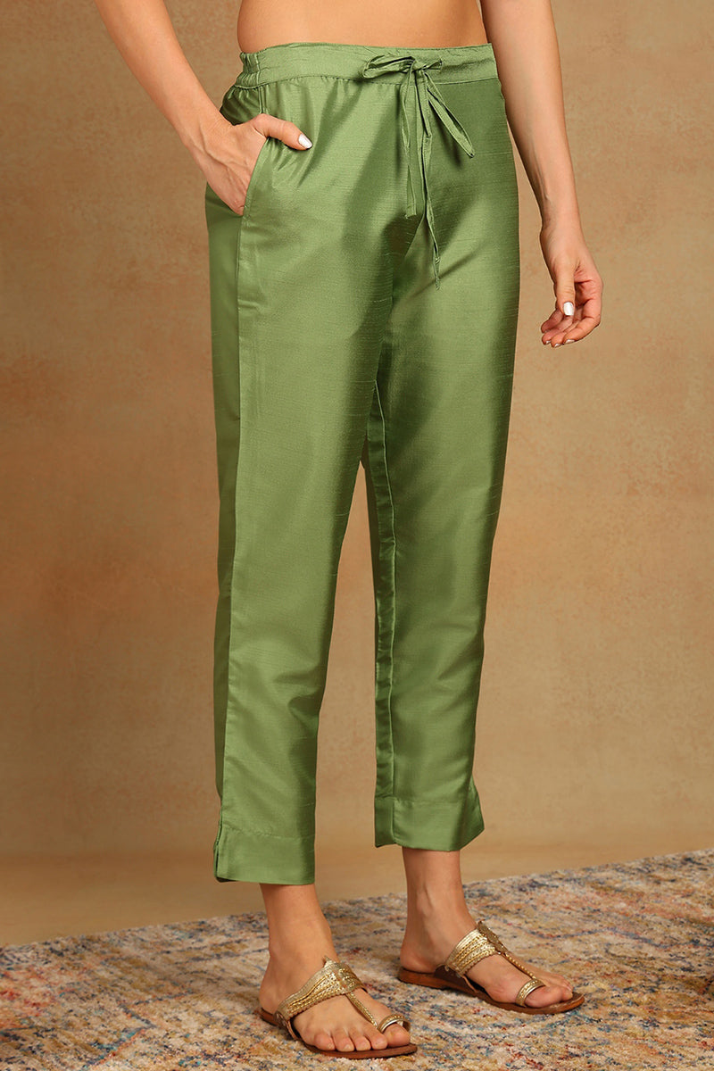 Green Poly Silk Solid Yoke Design Kurta Trousers With Dupatta | SHOBITAM