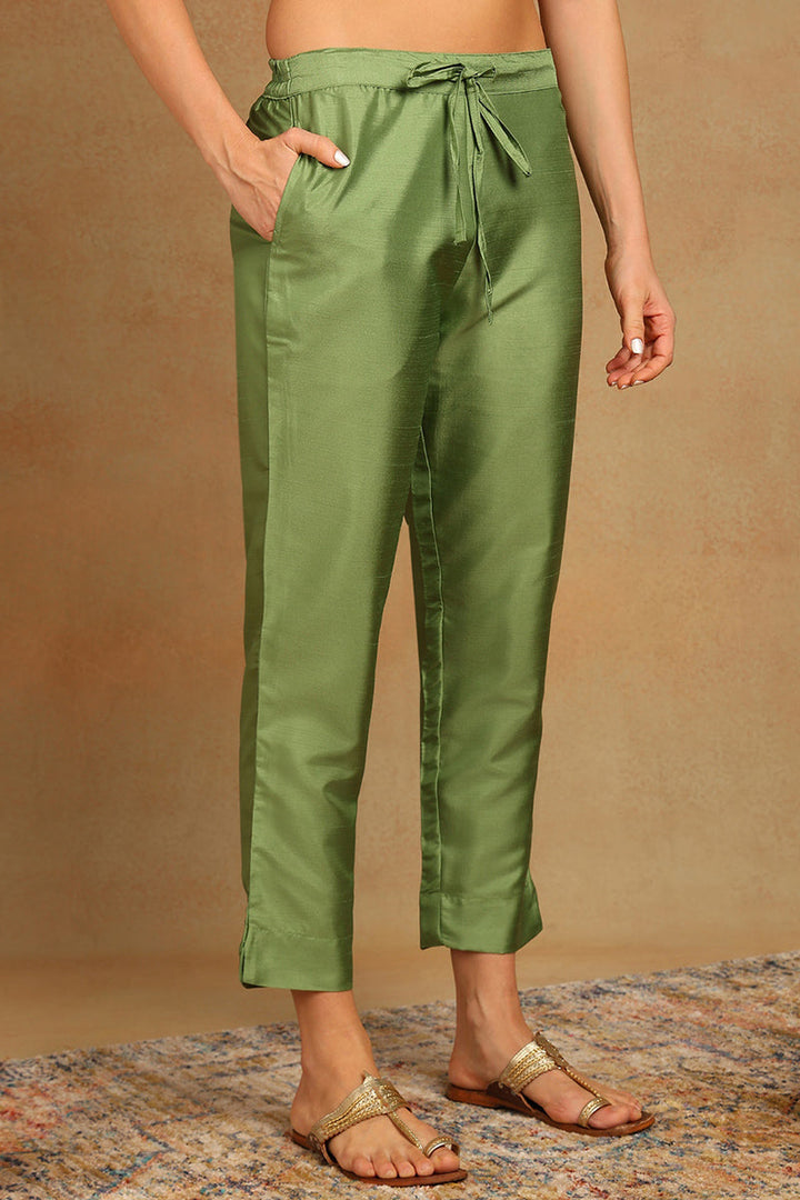 Green Poly Silk Solid Yoke Design Kurta Trousers With Dupatta | SHOBITAM