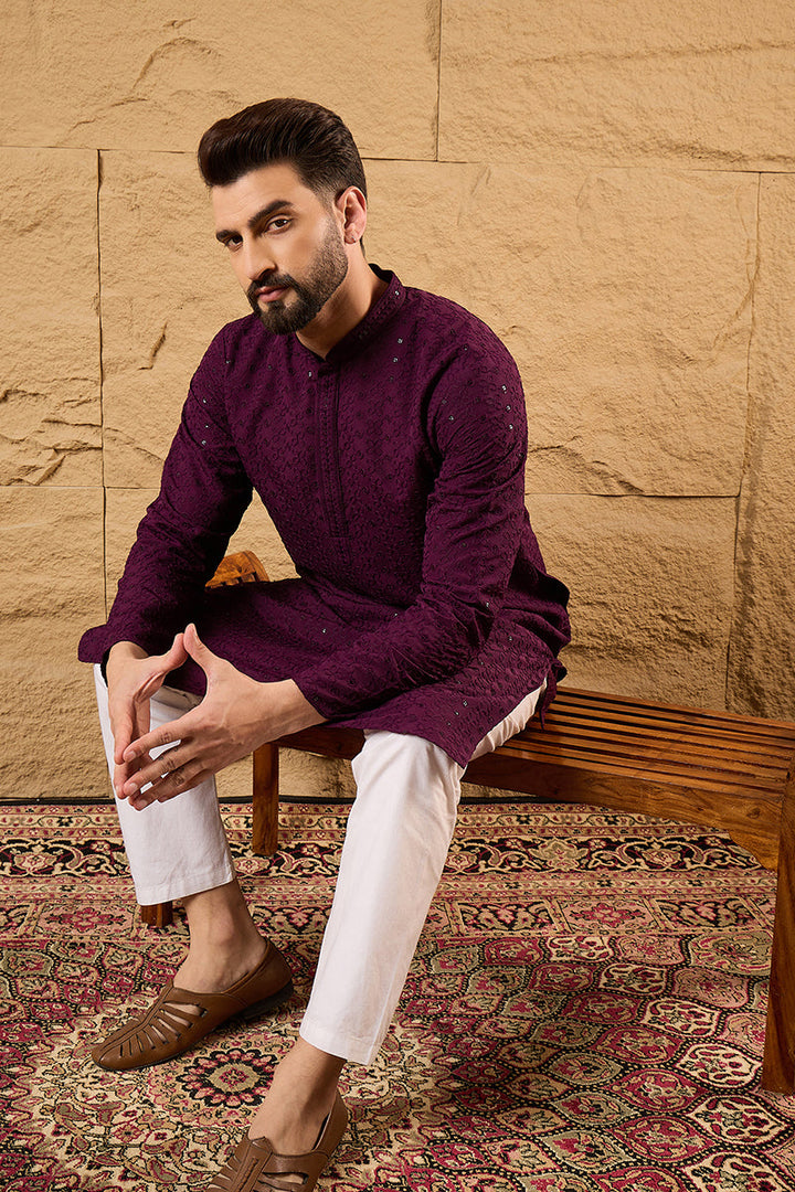 Purple Viscose Rayon Solid Embroidered Straight Kurta | SHOBITAM