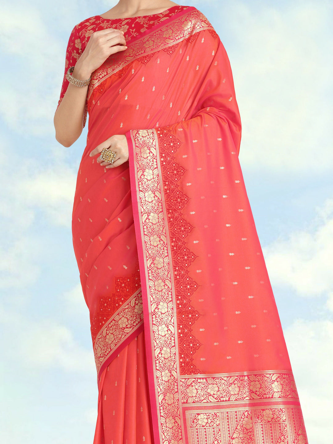 Semi Banarasi Silk Coral Pink Color Weaving Saree| Shobitam