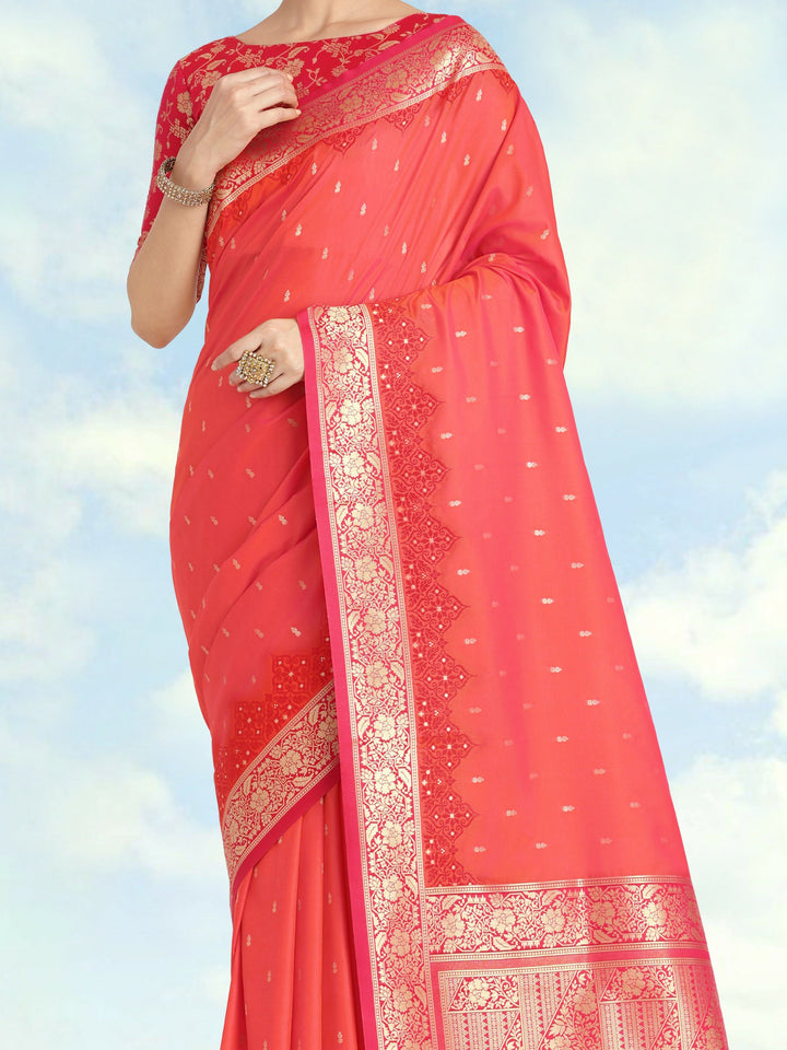 Semi Banarasi Silk Coral Pink Color Weaving Saree| Shobitam