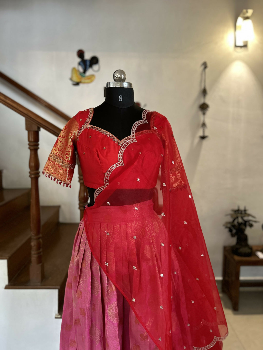 Rose Pink Brocade Skirt With Red Blouse | SHOBITAM