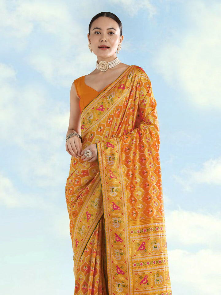 Mustard Semi Banarasi Satin Silk Saree With Patola Work | SHOBITAM