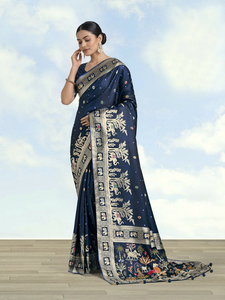 Blue Woven Banarasi Satin Silk Saree | SHOBITAM