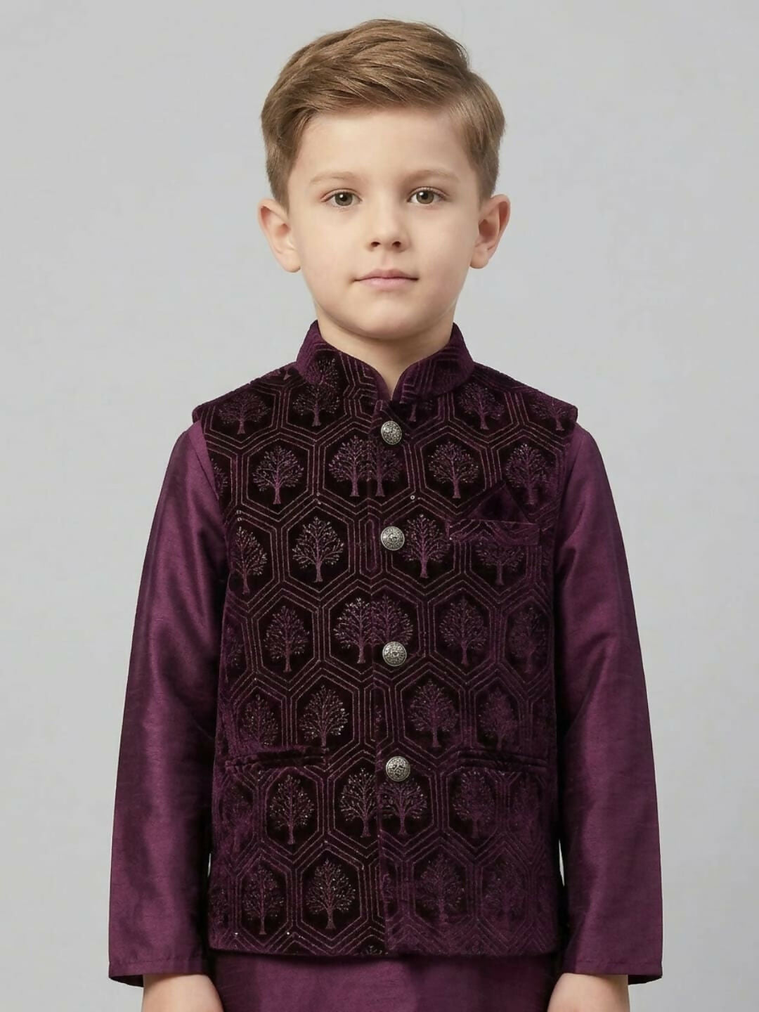 Boys Maroon Kurta Pajama Set with Embroidered Nehru Jacket | SHOBITAM