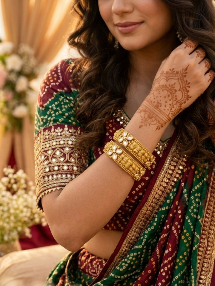 Gold Plated Antique Floral Moissanite Bangles | SHOBITAM