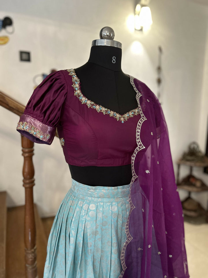 Aqua blue Semi Kanchi Lehenga Set