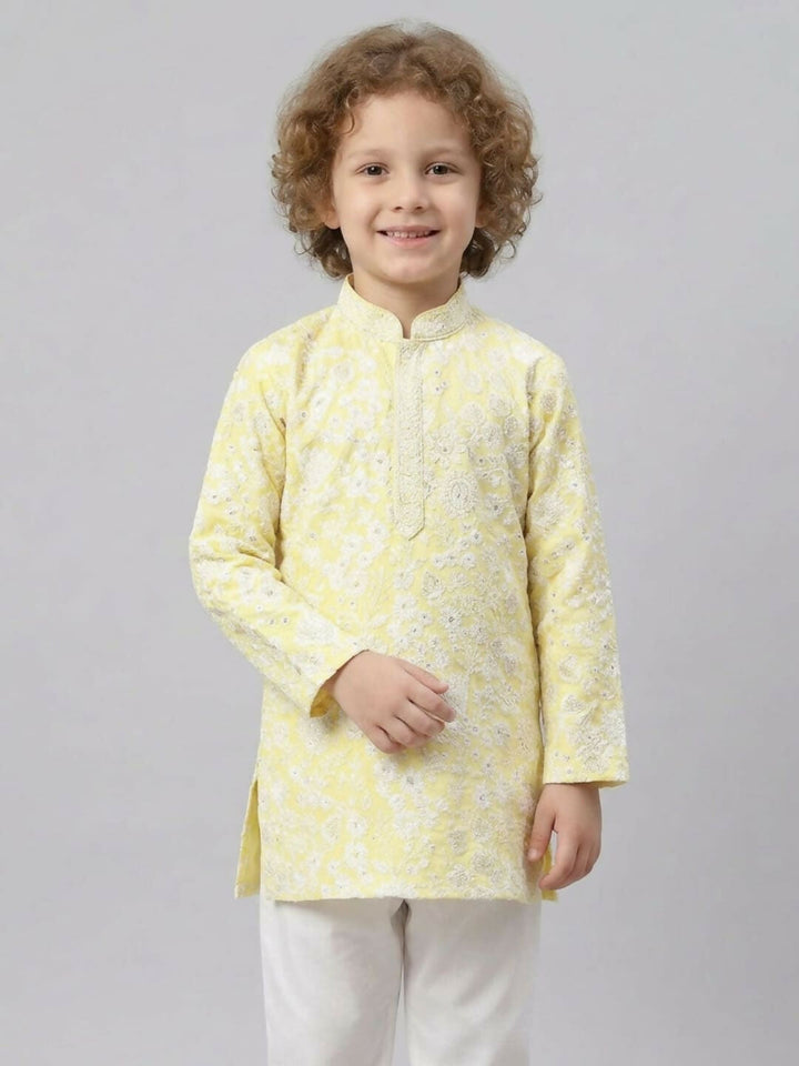 Boys Embroidered Light Yellow Kurta Pajama Set | SHOBITAM