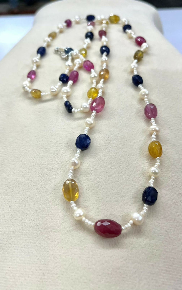 Navratna-Multi-Sapphire, Ruby, and Pearl Mala Necklace | SHOBITAM