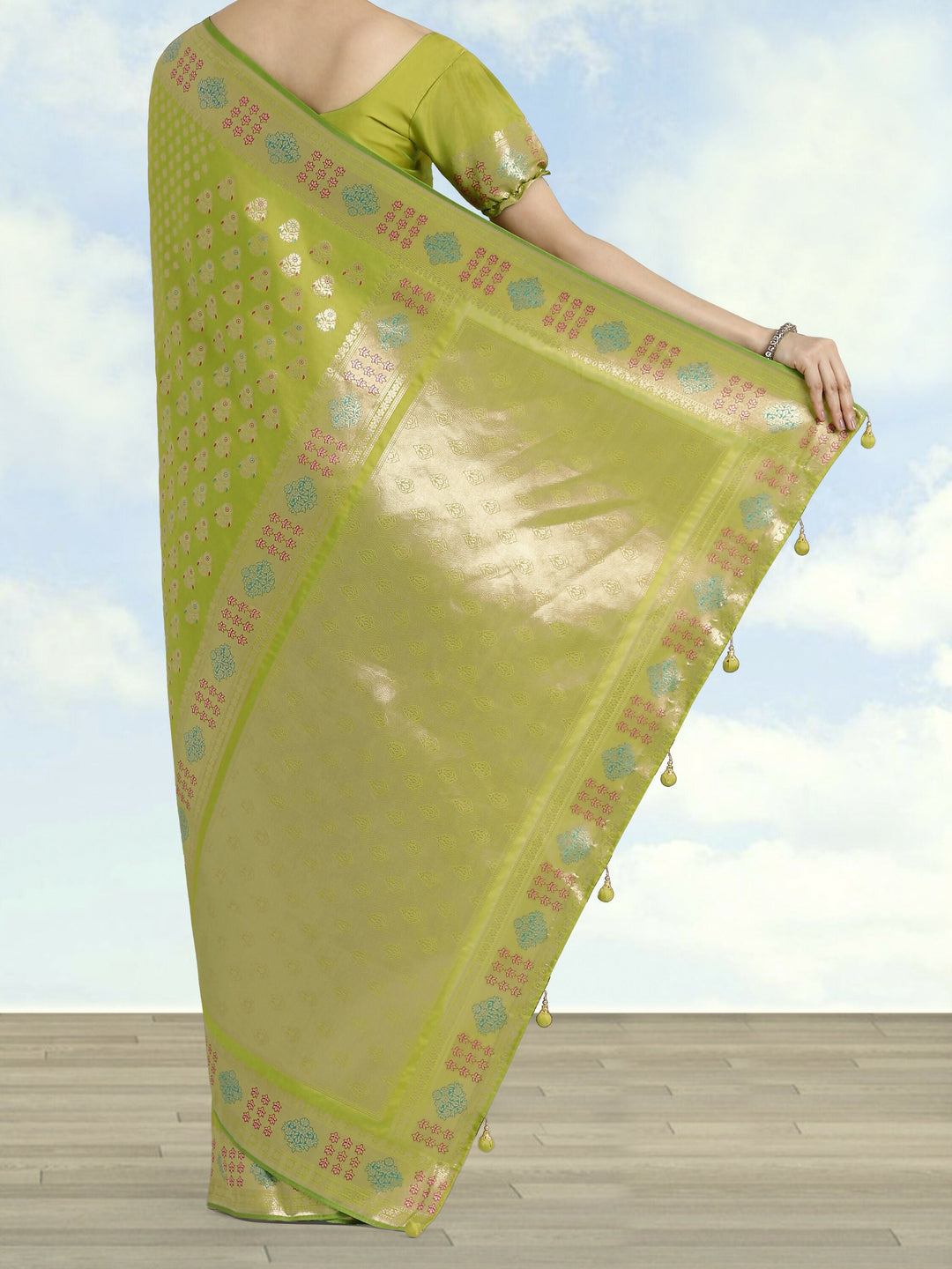 Lime Green Colour Banarasi Satin Silk Zari Weaving Saree | SHOBITAM